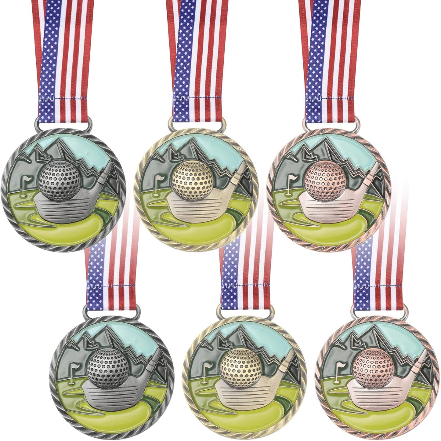 6 Pcs Golf Color Medal Gold Silver Bronze Golf Ball Award Medals with Neck Ribbon for Kids Adults Sports Tournament