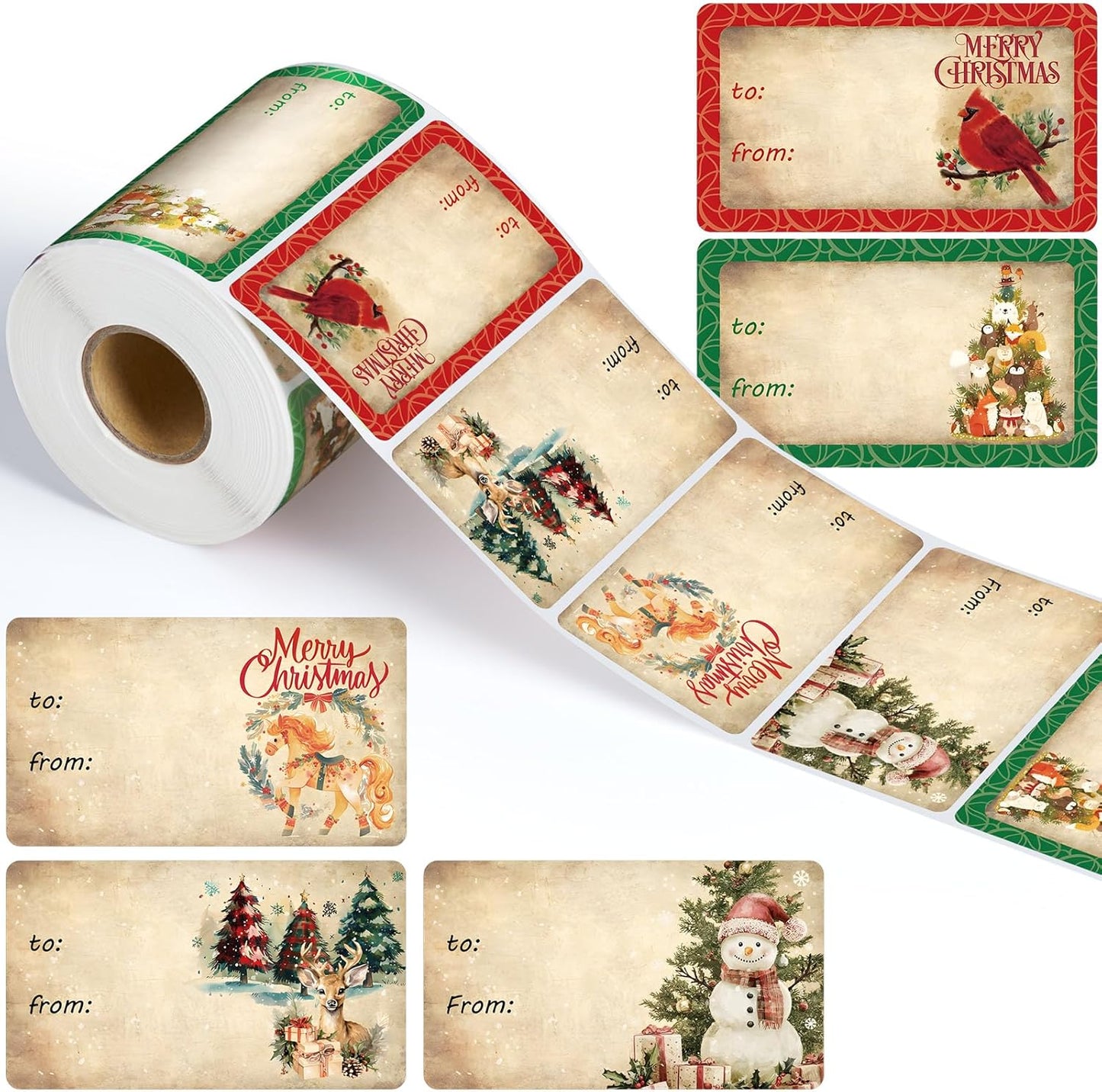 Outus 500 Pieces Christmas Tags Self Adhesive Gift Tags for Xmas Presents Christmas Name Labels Stickers for Wrapping Paper Festival Birthday Holiday Decor(Vintage Fashion Style,2.76 x 1.57 Inch)