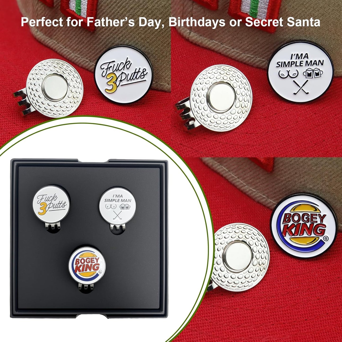 Golf Ball Marker with Magnetic Hat Clip, 3 Pack Happy-Gilmore Golf Ball Markers, Personalized Golf Accessories for Hats, Gloves, Bags, Perfect for Golf Rounds, Practice, Gifts for Golf Fans