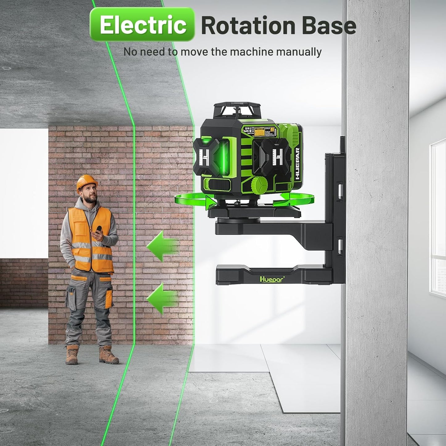 Huepar Laser Level 360 Self Leveling, W04CG Upgraded 4x360° Bluetooth Construction Lazer Leveler Tool with Electric Rotating Base ＆ Large LCD Screen, 4D 16 Lines Green Cross Laser Level