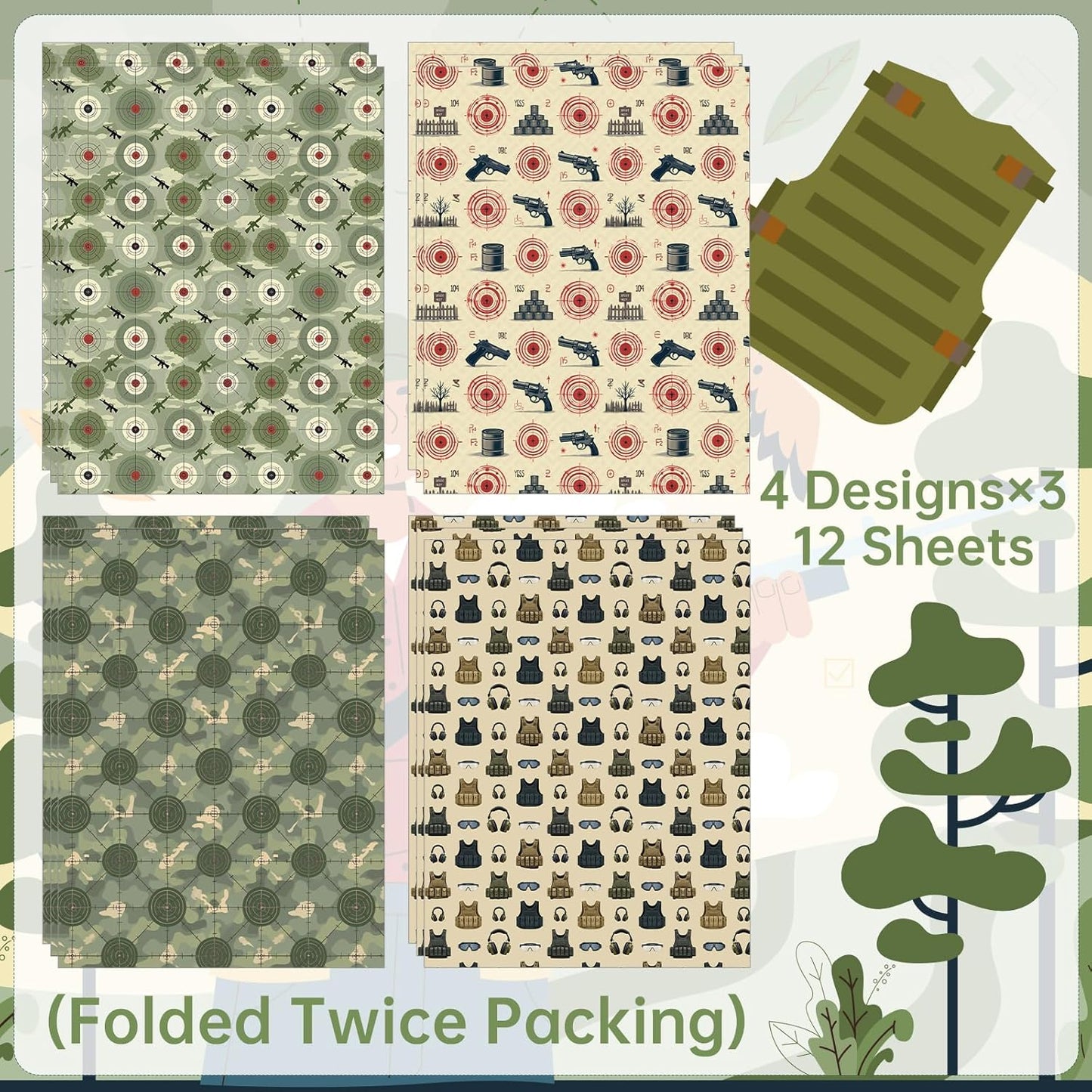 Pineraap Shooting Range Wrapping Paper 12 Sheets Target Practice Designs Camouflage Gift Wrap for Shooting Sports Fans,Party,Birthday,20"×28"