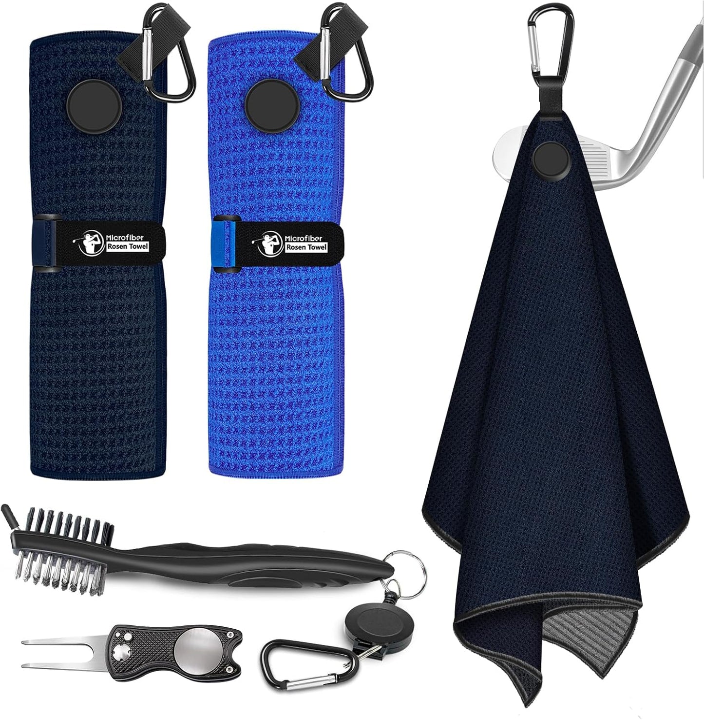 Magnetic Golf Towel, 2 PCS Microfiber Golf Towels with Wire Cleaning Cloth for Men, Industrial Strength Magnet Accessories for Strong Hold to Golf Bags, Carts or Clubs (Black Blue)