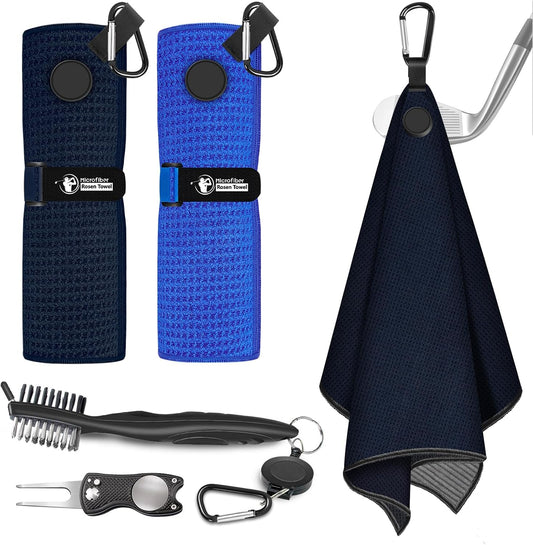 Magnetic Golf Towel, 2 PCS Microfiber Golf Towels with Wire Cleaning Cloth for Men, Industrial Strength Magnet Accessories for Strong Hold to Golf Bags, Carts or Clubs (Black Blue)