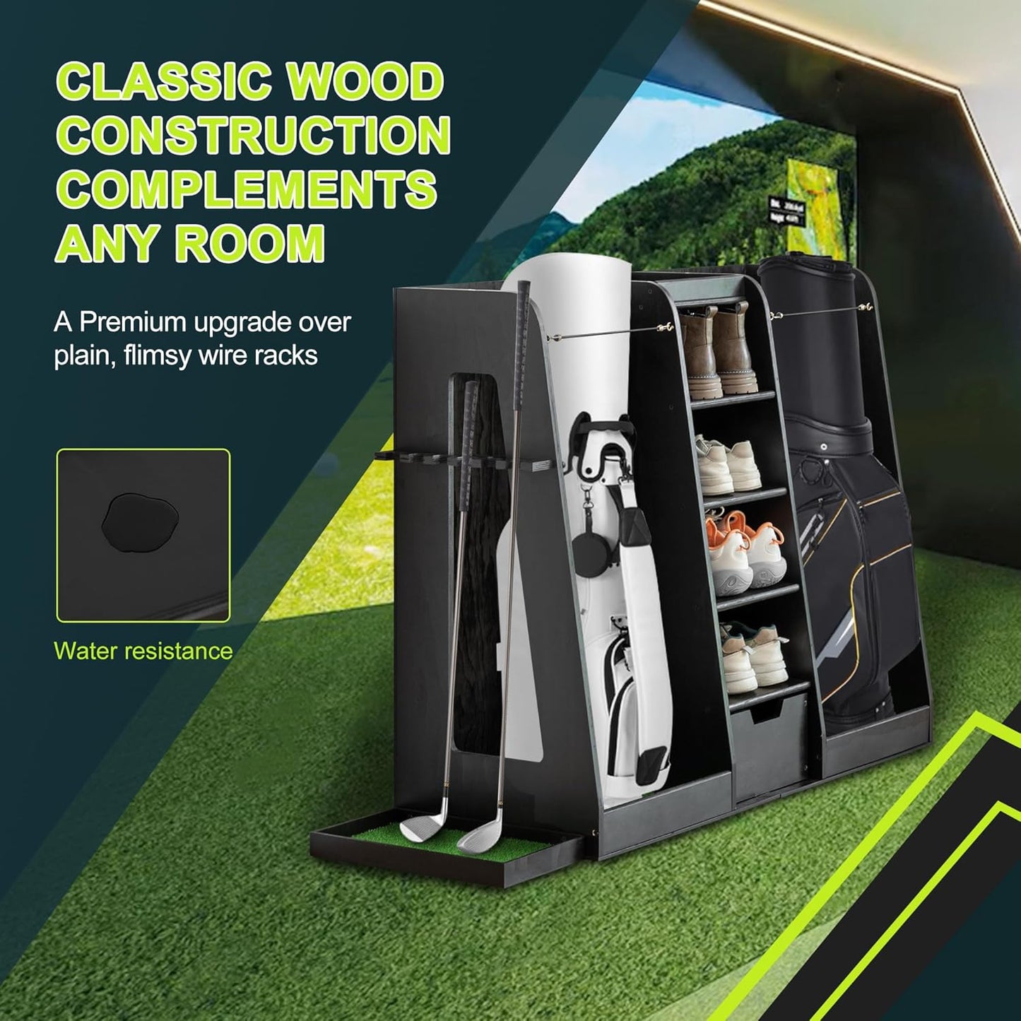 Wooden Golf Bag Organizer and Storage Rack, Wooden 2 Golf Bag Rack with Drawers, Easy to Assemble Golf Club Holder/Stand with Club Holders on Side