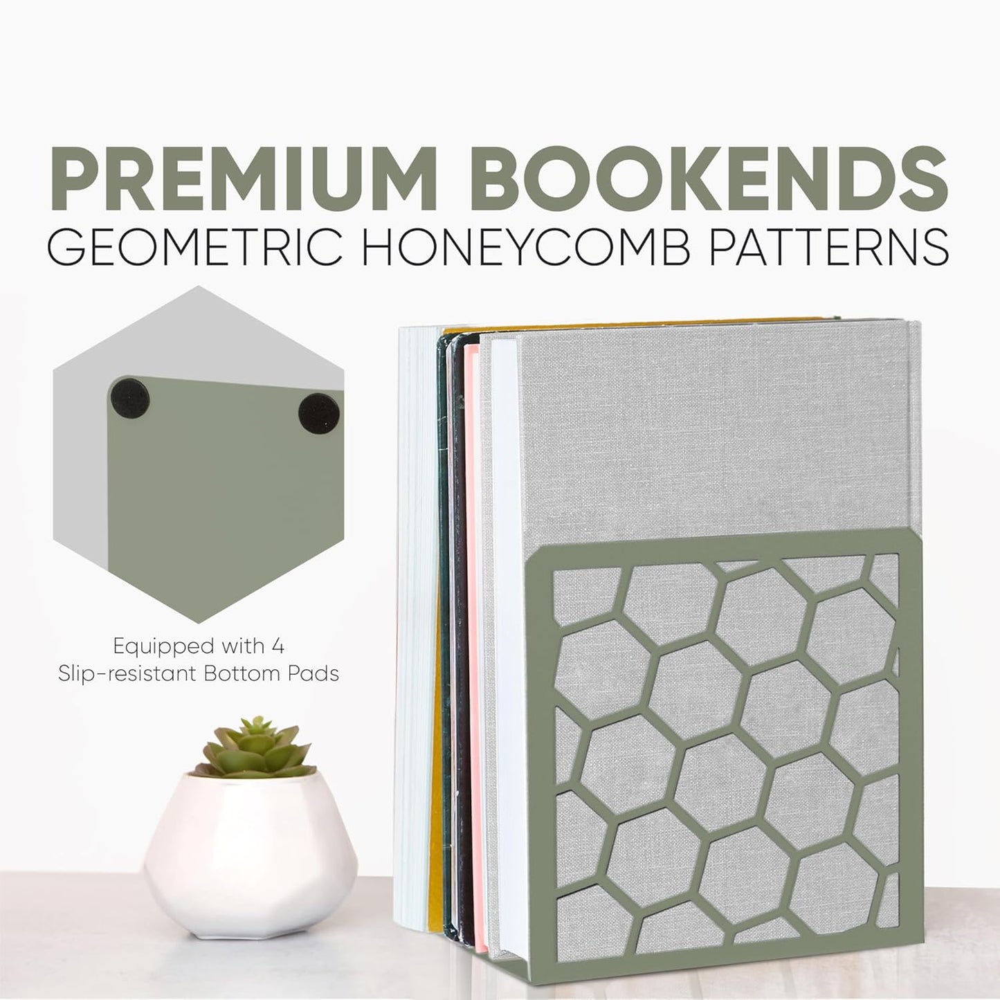 GEOMOD Geometric Honeycomb Sage Metal Bookends Decorative - Tall Sturdy Book Ends for Shelves - Modern Heavy Duty Bookend Stopper - Office or Home Book Shelf Holder - 6x3.25x6.25 Inches-1 Pair