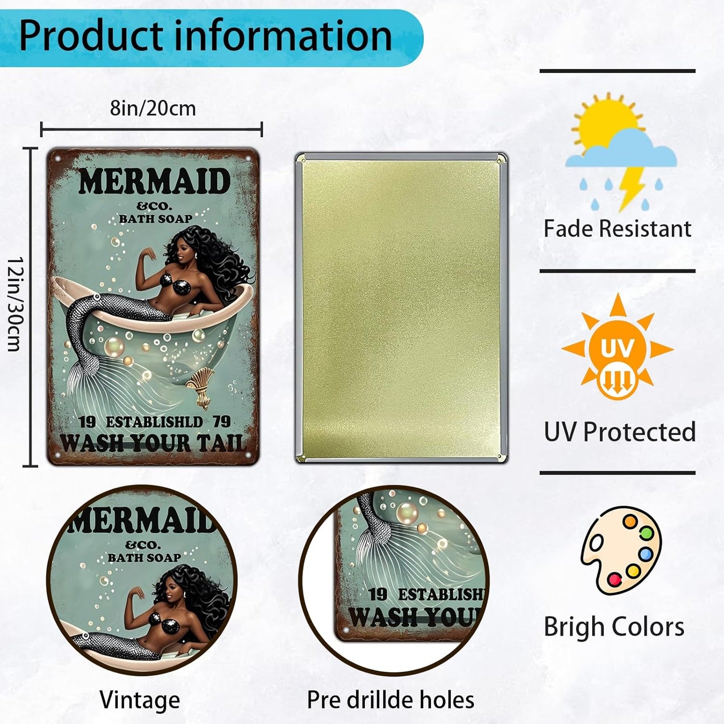 Funny Mermaid Company Bath Soap Metal Signs Wash Your Tail Sign Vintage Tin Sign Wall Decor Retro Tin Signs for Room Living Room Bathroom Toilet Hotel 12x8 Inch
