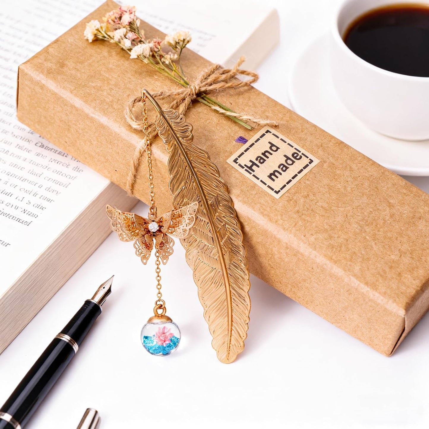 Metal Feather Bookmark with Butterfly Charm – Christmas Gifts for Women, Teachers & Book Lovers – Stocking Stuffers, Secret Santa, Birthday & Holiday Gift Box