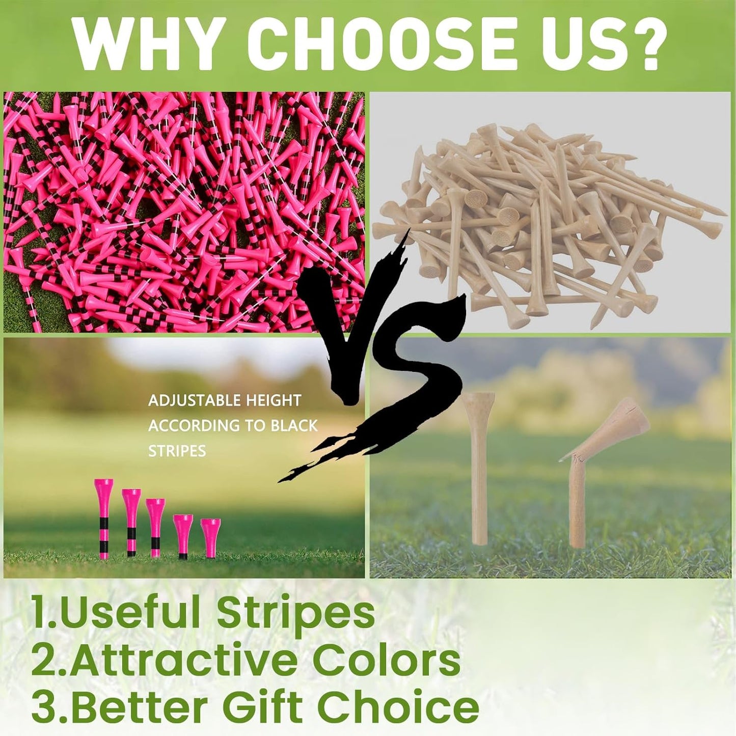 FINGER TEN Golf Tees Wood 3 1/4 2 3/4 Inch Wooden Bamboo 50/120 Count, Durable Biodegradable Colored Bulk Tee 70mm 83mm