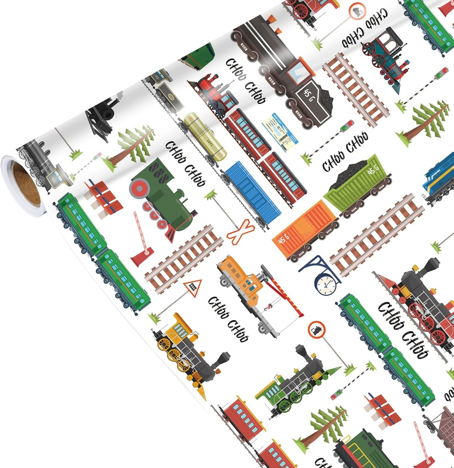 Pineraap Train Themed Wrapping Paper Roll - 17Inch x16.4Feet - Locomotive Railroad Track Sign Design Gift Wrap for Birthday,Holiday Parties,Baby Showers