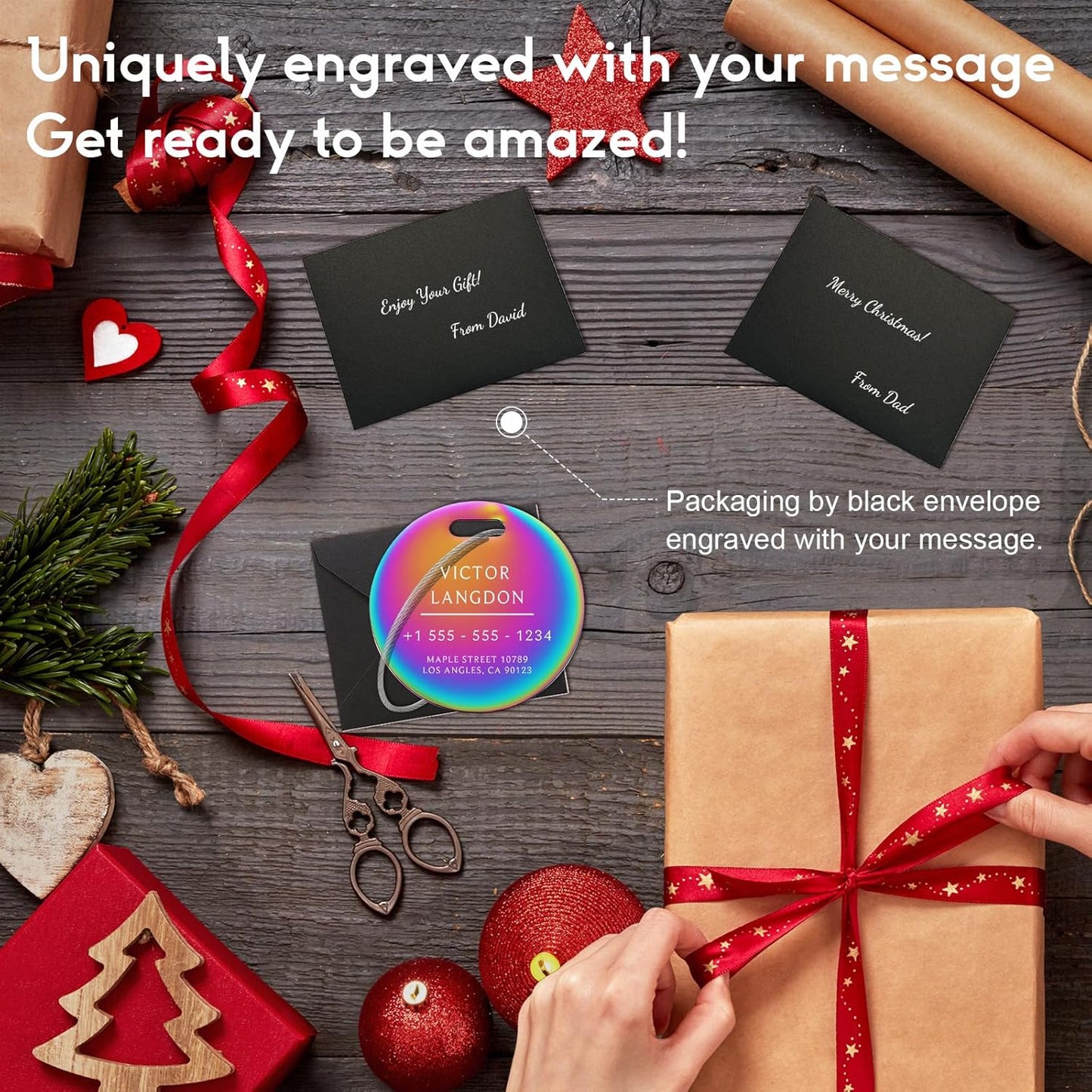 Stainless Luggage Tags for Suitcases: Metal Personalized Luggage Tags and Bags with Customizable Texts (Rainbow)