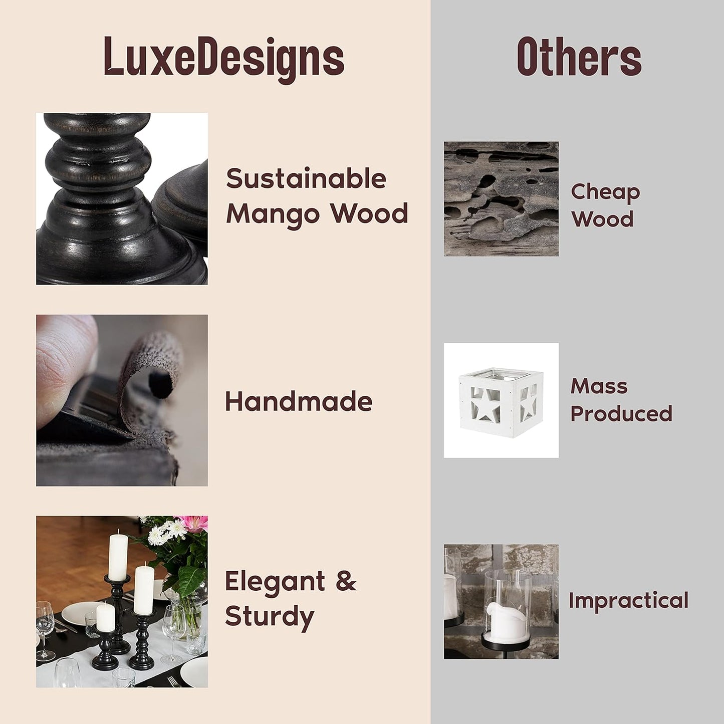 Large Candle Holders for Pillar Candles - Decorative Rustic Centerpiece Pillars Compatible with Battery-Operated Candles - Tall Farmhouse Wooden Candle Holders Pillar - Set of 3