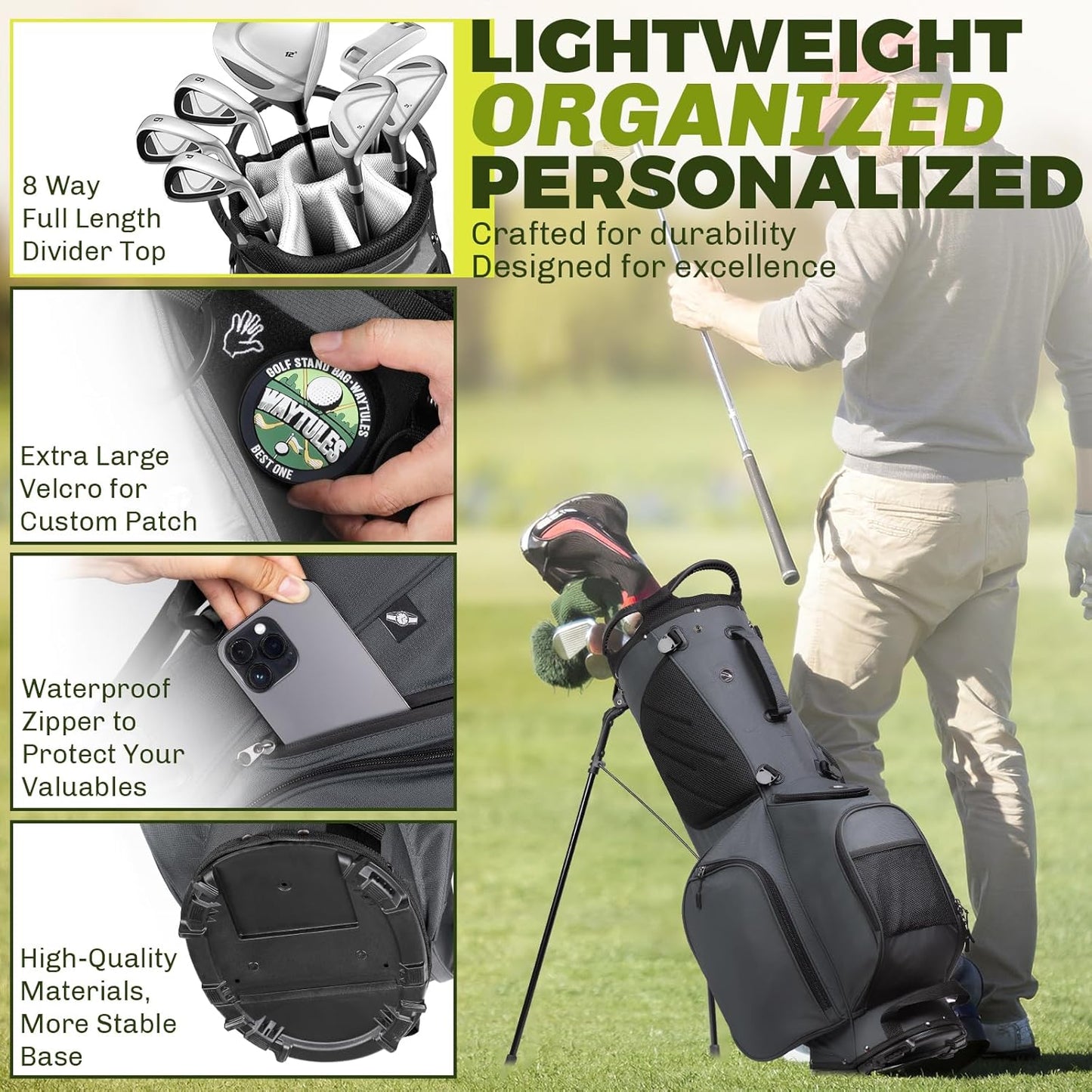 8-Way Golf Stand Bag, Lightweight Golf Bag with Dual Strap & Full-Length Dividers, Portable Golf Club Carry Bag with Multiple Pockets, Waterproof Rain Hood for Men Women