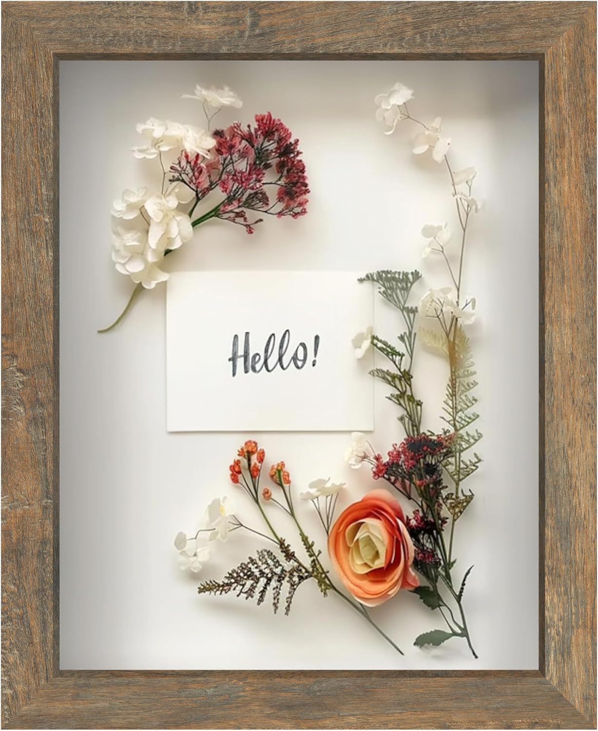 FrameWorks 8x10 Driftwood Wooden Shadow Box Frame – Soft Felt Back, Tempered Glass, and Included Elegant White Ball Push Pins