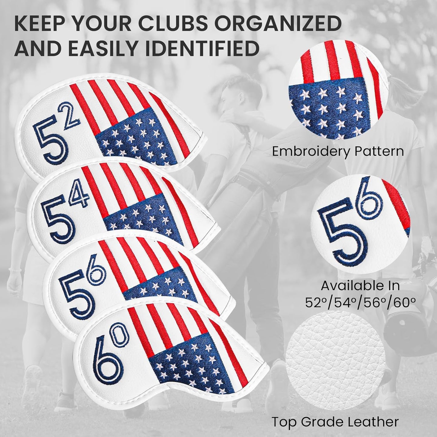 Golf Iron Wedge Head Covers 52° 54° 56° 60° 1 or 4 Pack, Synthetic Leather Clover USA Flag Design Club Head Protection, Universal Headcover Fit Iron Clubs for Men Women