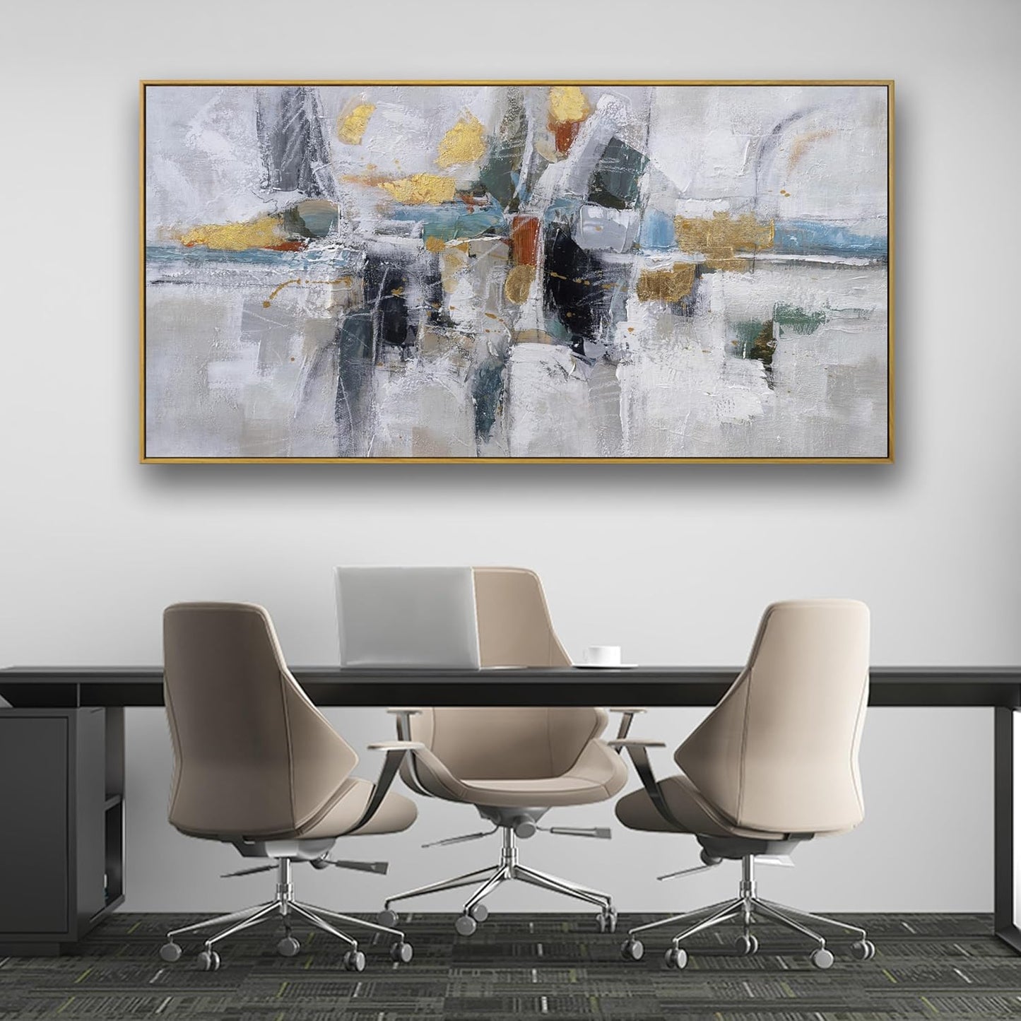 Teal Gold Wall Art Abstract Painting Wall Decor Living Room Modern 24"X 48" Framed Canvas Wall Art Office Decor Black Wall Art Canvas Prints Artwork For Bathroom Kitchen Colorful Wall Decoration