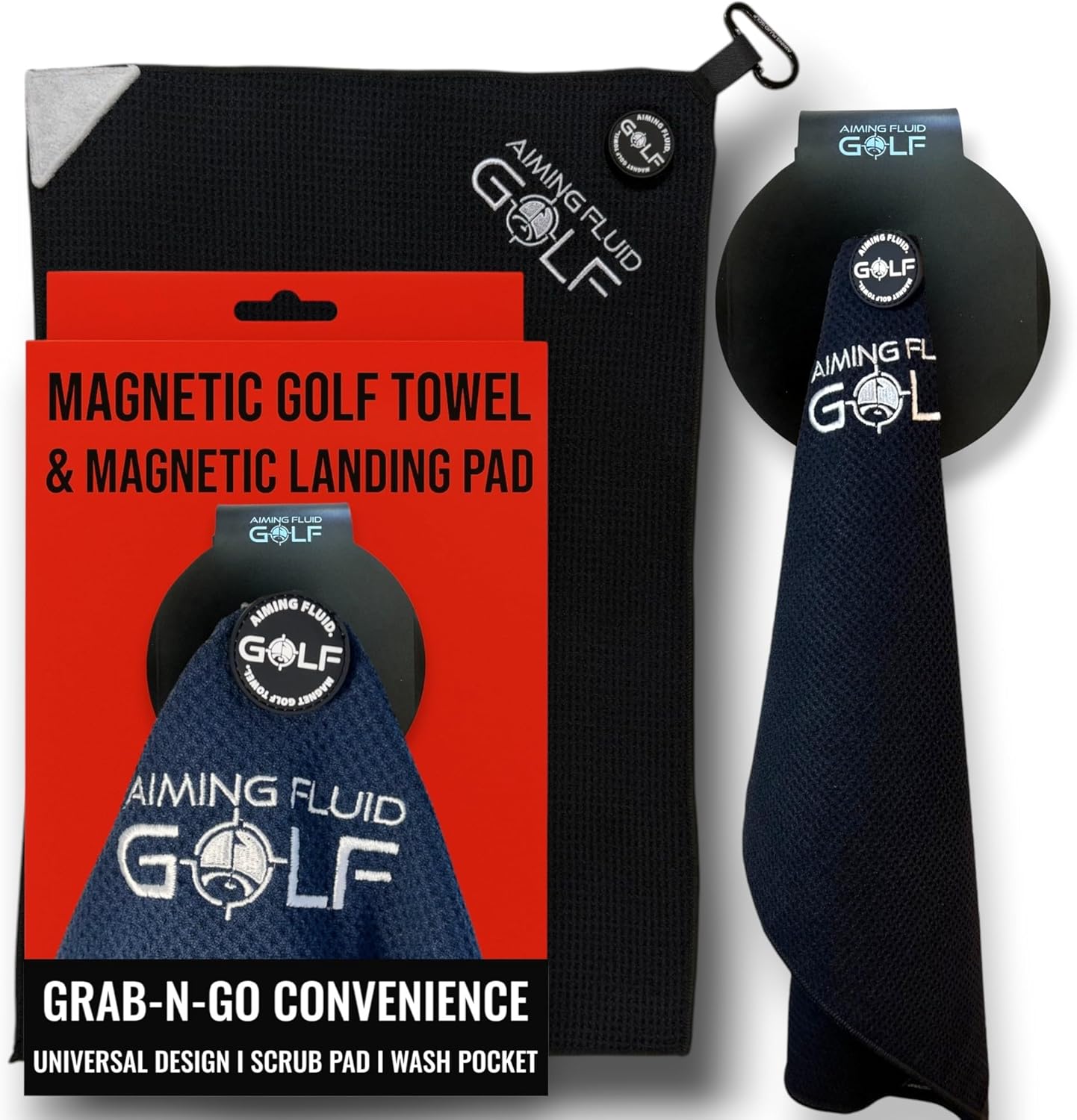 Magnetic Golf Towel & Magnetic Landing Pad – Premium Microfiber Waffle Weave I Scrub Pad I Wash Pocket I Golf Gift I Cart Carry and Tour Bag (Magnetic Landing Pad & 16" x 24" Golf Towel Black)