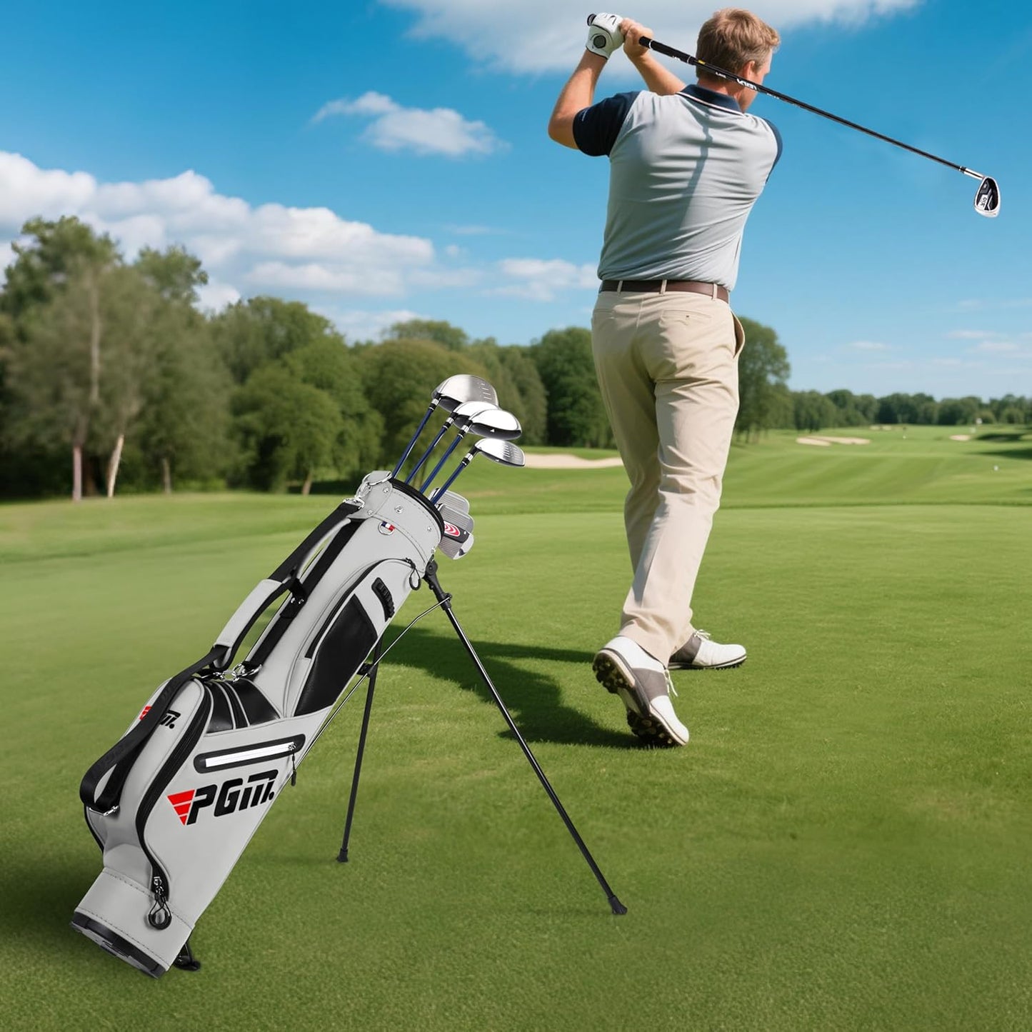 PGM Sunday Golf Stand Bag for Women and Men - Easy Carry Pitch Lightweight Golf Stand Bag with Cooler Pouch and Valuables Pocket for Driving Range Par 3 Executive Courses