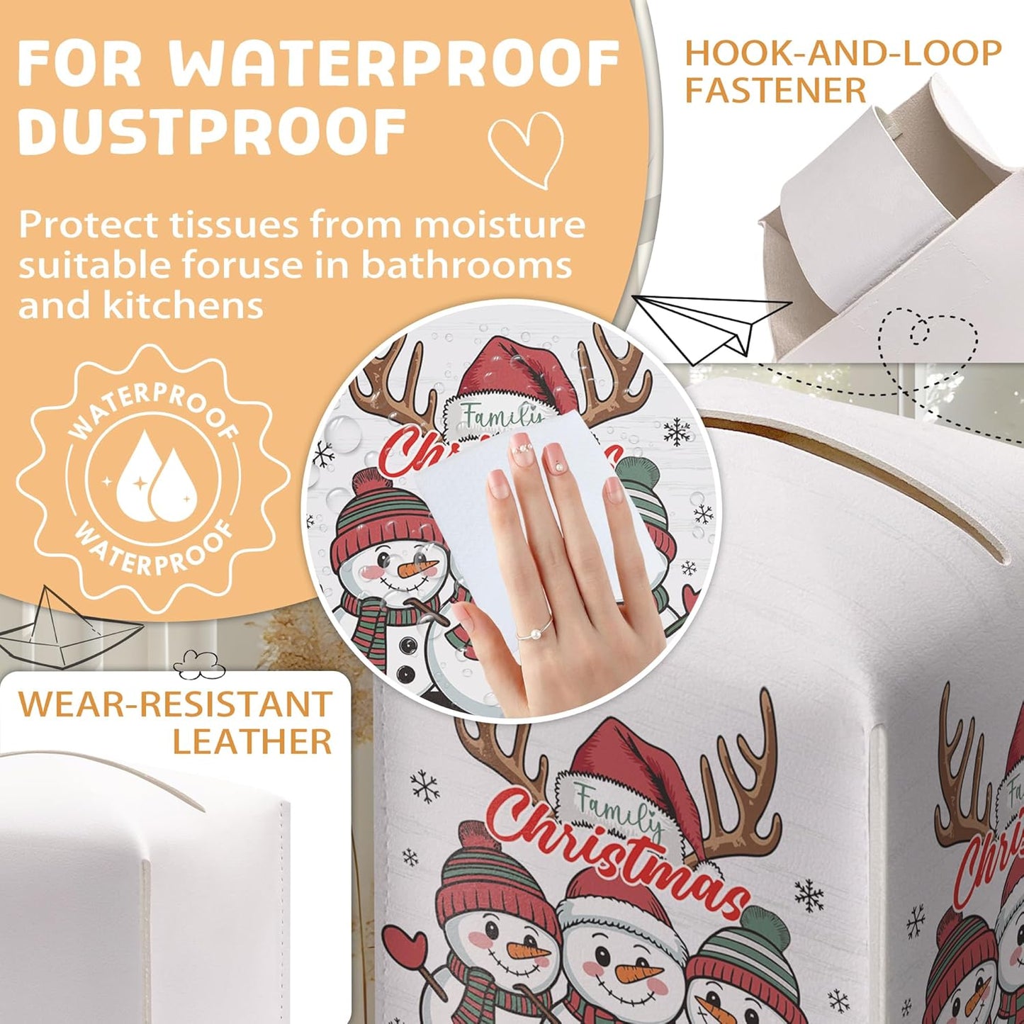 Christmas Snowman Tissue Box Holder, First Christmas as A Family of Three Leather Tissue Box Cover Square, Paper Facial Decorative Tissues Cover for Night Stands Bathroom Office Home Decor-B02