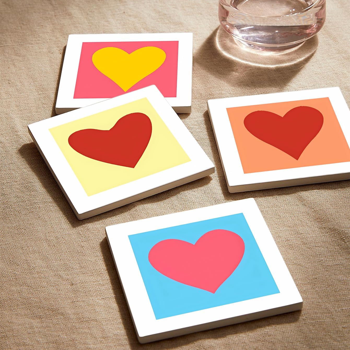 MAYCARI Love Hearts Printed Coasters Set of 6 Cork Backed Minimalist Aesthetic Coasters with Metal Holder Ceramic Surface Drink Cup Mats for Tabletop Protection Desk Decoration Valentine's Day Gifts