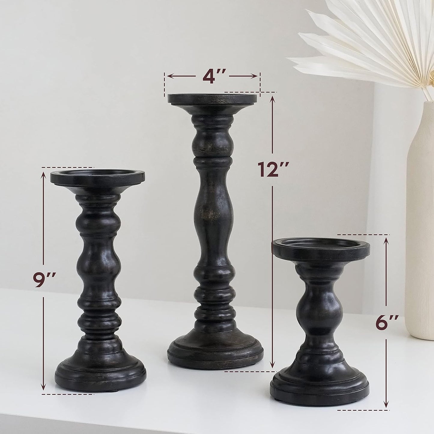 Large Candle Holders for Pillar Candles - Decorative Rustic Centerpiece Pillars Compatible with Battery-Operated Candles - Tall Farmhouse Wooden Candle Holders Pillar - Set of 3