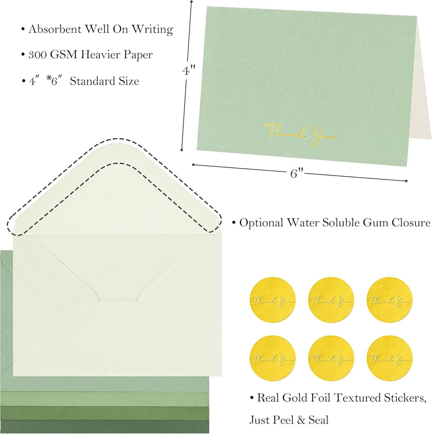 Crisky Sage Green Thank You Cards with Envelopes & Stickers， 50 Pack Bridal Shower Graduation Thank You Cards Small Business, Wedding Baby Shower Birthday Funeral Notes Bulk