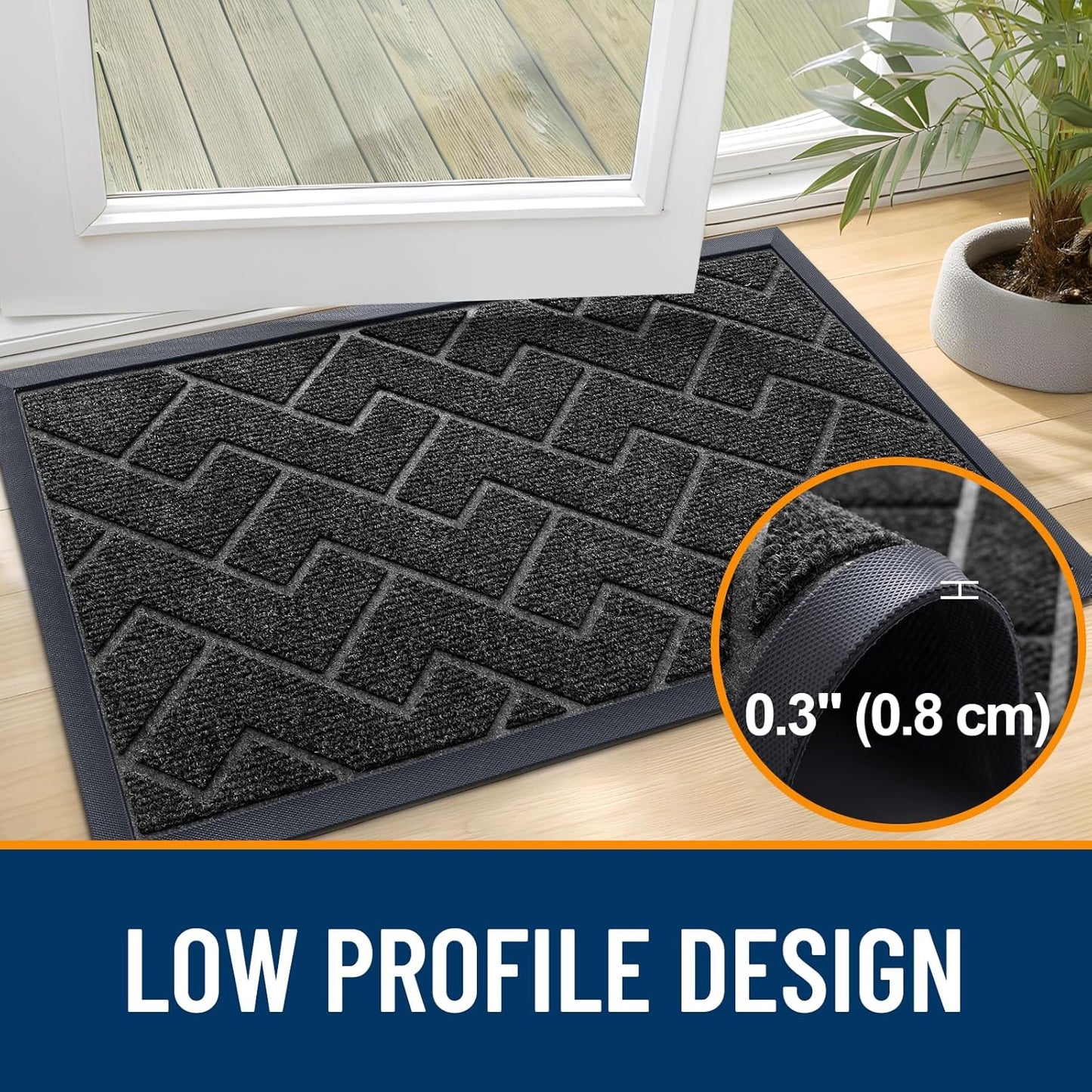 OLANLY Front Door Mat Indoor Outdoor Entrance, Waterproof All-Season, All-Weather Doormat, Sturdy Natural Rubber, Low Profile, Easy Clean Patio Porch Entryway Mat, Herringbone Brick (Black, 36x24)