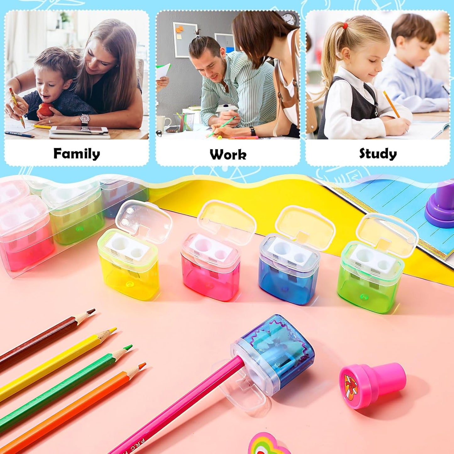 Teling 180 Pcs Manual Pencil Sharpeners Bulk Handheld Dual Holes Pencil Sharpeners for Kids Colorful Portable Compact Sharpener with Lid for Students School Class Home Office Supply