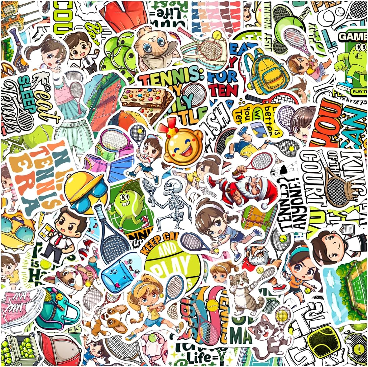 108Pcs Tennis Stickers Pack Cartoon Style Vinyl Decals for Water Bottles Laptop Skateboard Phone Journal Scrapbook Luggage Decoration Fun Quotes and Characters
