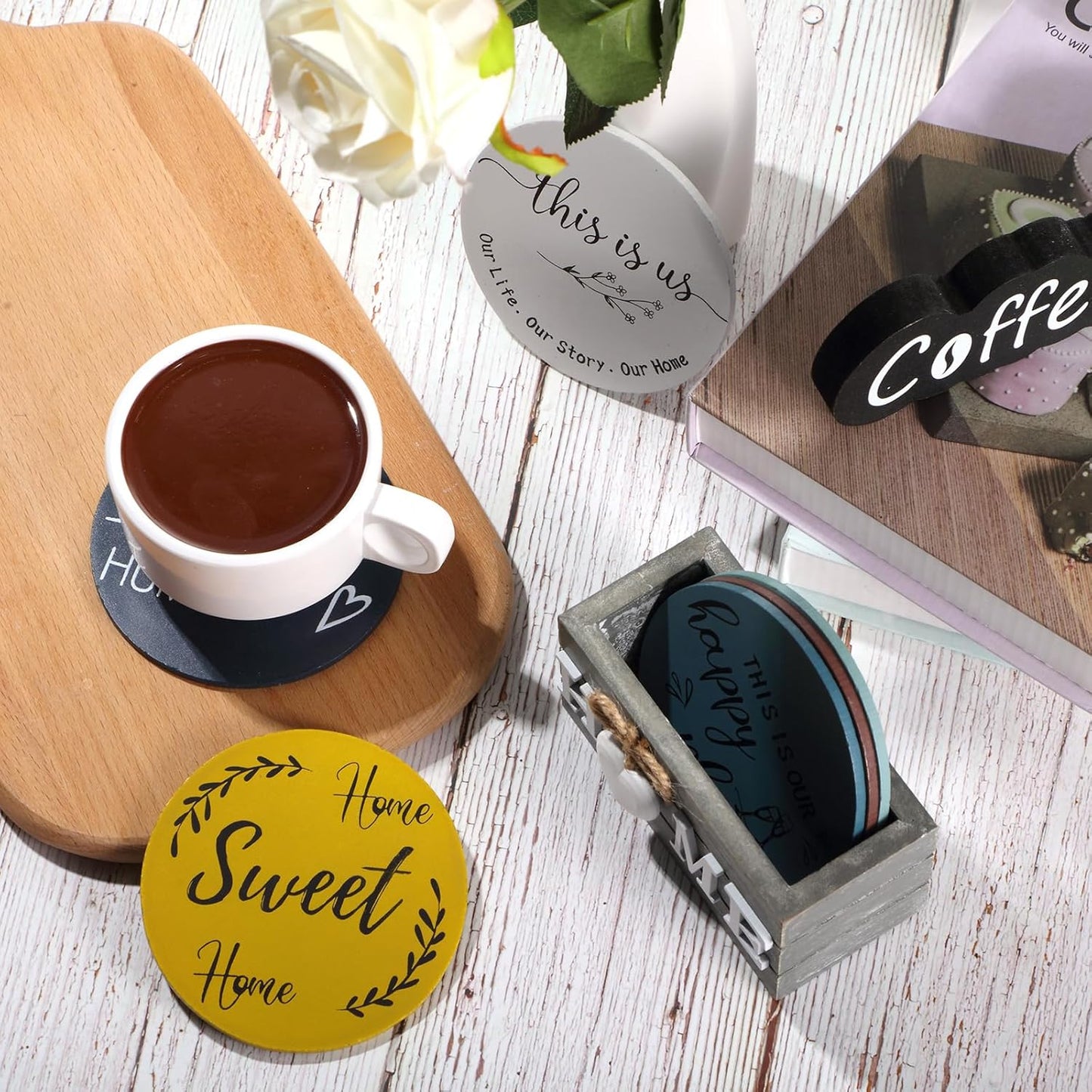 Queekay Housewarming Gifts for Home Decoration Wooden Heart Coasters for Drinks 6 Set Farmhouse Coasters with Holder Funny for Family Coffee Table Protection, 4''(Blue)