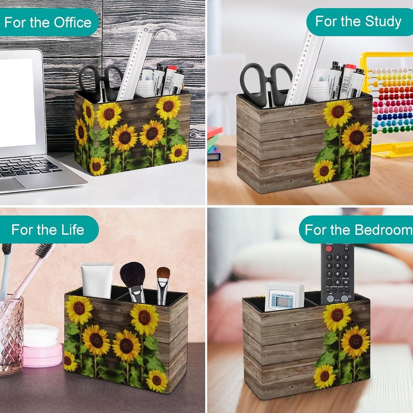 Pen Holder, Pencil Holder for Desk Organizer, Summer Wooden Sunflower PU Leather Pencil Cups Desktop Stationery Storage Makeup Brush Holder Pen Organizer for Office Home