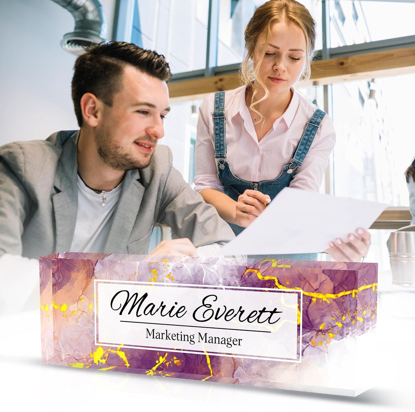 Personalized Name Plate for Desk Custom Acrylic Desk Name Plate Custom Employee Appreciation Gifts Office Gifts for Women, Men, Boss, Coworkers, Teacher, Nurse (Purple Marble)