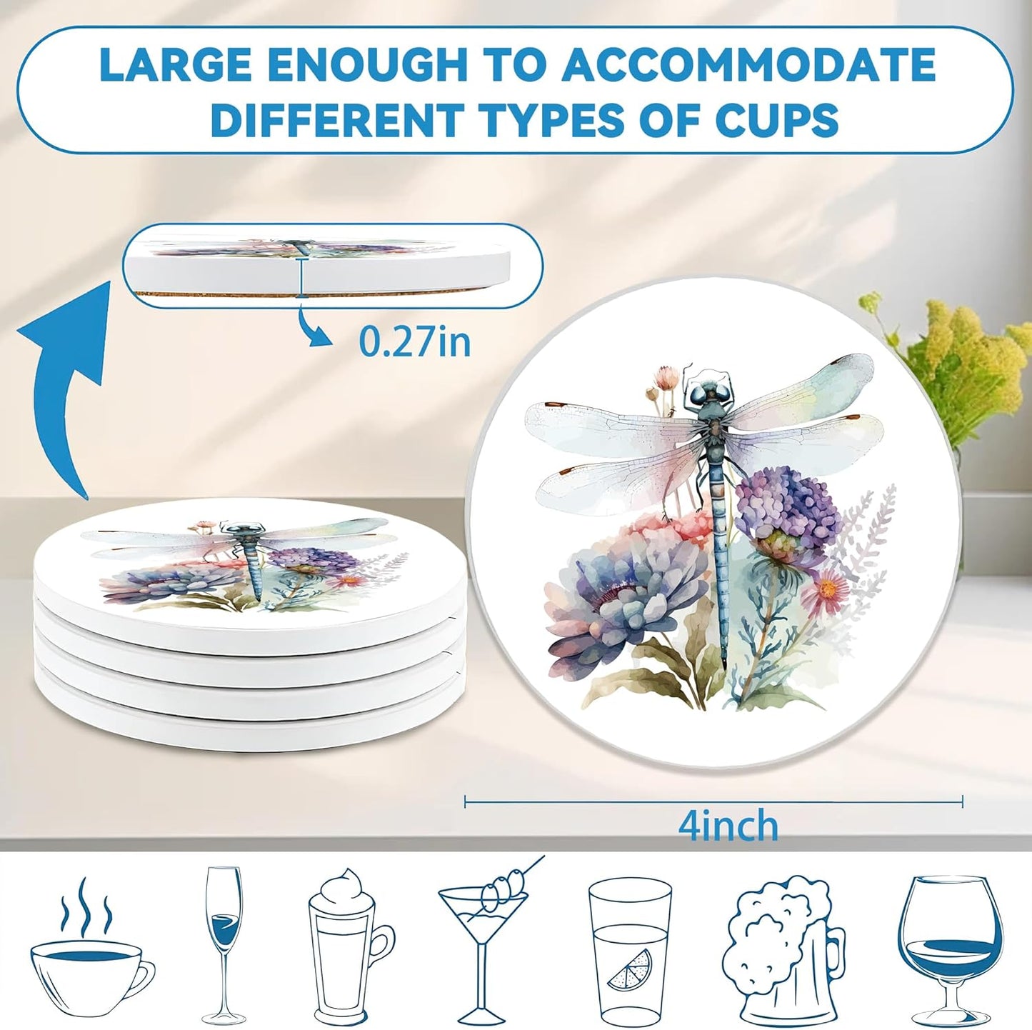 Drinks Coasters Set of 4, Dragonfly Wildflower Round 4" Cup Coasters, Absorbent Ceramic Stone Coasters with Cork Base, Cute Coasters for Table Home Décor, Ideal Gifts for Women Men