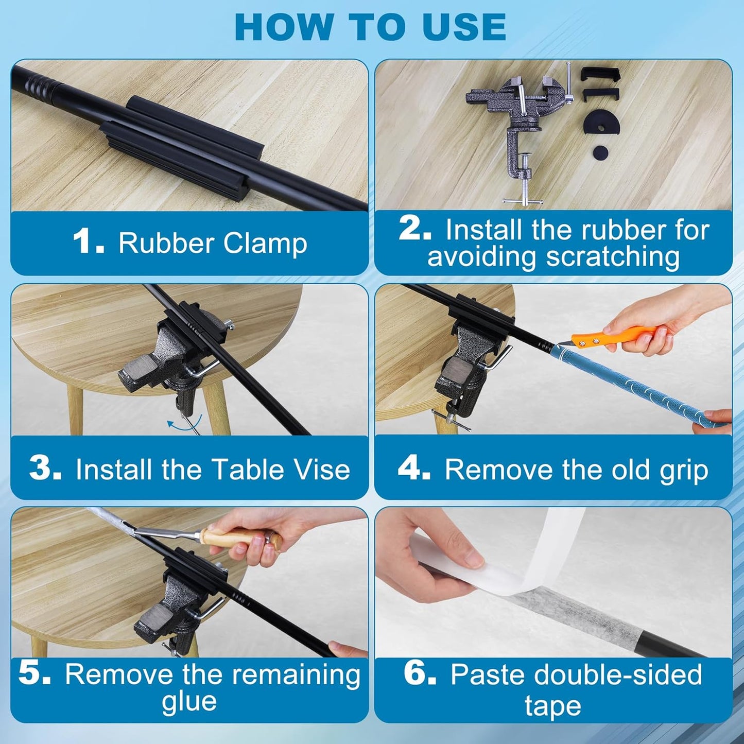Golf Club Grip Vise Clamp Kit, Golf Grip Tape Remover Tool for Regripping, Include Portable Table Vise/Scraper/Hook Knife/Gloves/Rubber Sleeve/ 13PCS Double-Sided Tapes