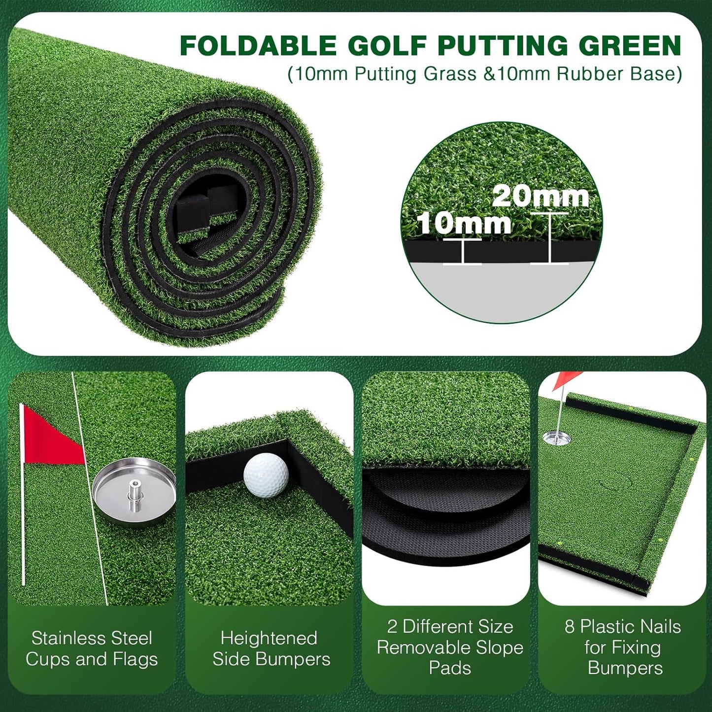 Wekin Golf Putting Green Mat Indoor,3x10ft Thickening Outdoor Portable Golf Game Set Training Turf with Side Border,Movable Cup for Home Backyard Office