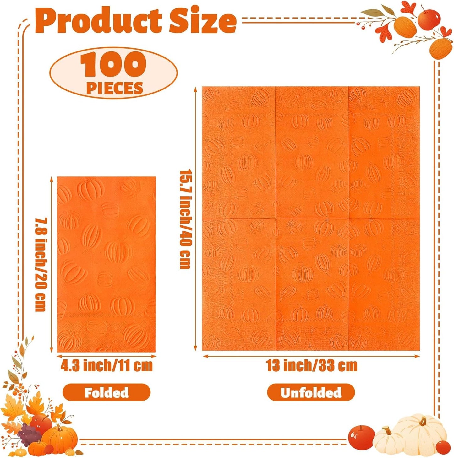 100 Pieces Thanksgiving Fall Pumpkin Napkins Disposable Paper Decorative Guest Party Napkins 7.8 x 4.3 Inch Autumn Harvest Orange Pumpkin Hand Towels for Fall Thanksgiving Dinner Party Decor