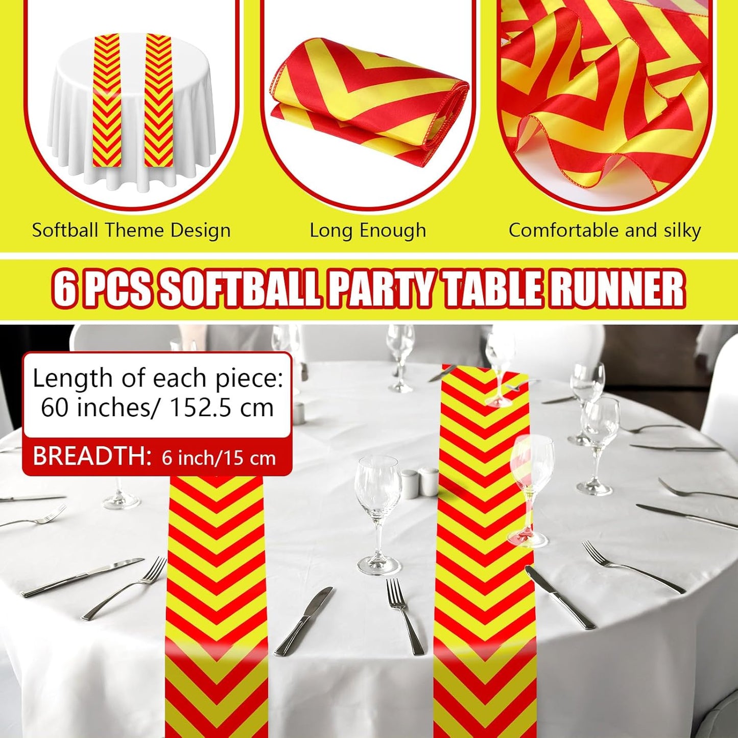 6 Pcs Softball Party Table Runner 60 x 6 Inch Sports Tablecloth Runner Softball Tablecloth Striped Softball Table Runner for Sports Party Dining Room