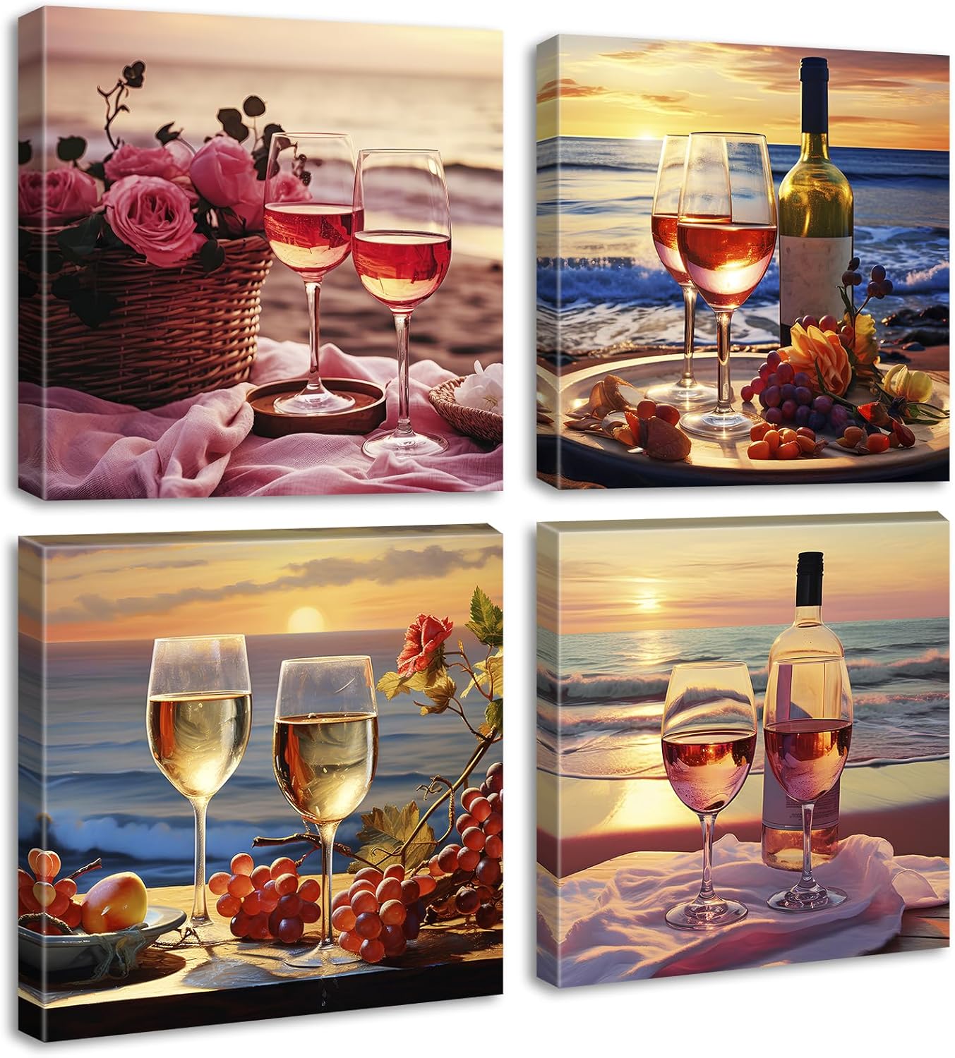 Kitchen Decor Dining Room Wall Art Wine Glass Still Life Fruit Goblet Canvas Prints Artwork Beach Sunset Landscape Romantic Poster Bar Restaurant Home Decoration Framed Ready to Hang 12"X12"X4 Panels