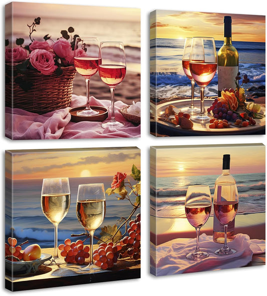 Kitchen Decor Dining Room Wall Art Wine Glass Still Life Fruit Goblet Canvas Prints Artwork Beach Sunset Landscape Romantic Poster Bar Restaurant Home Decoration Framed Ready to Hang 12"X12"X4 Panels