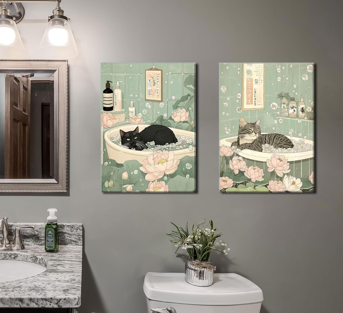 Japanese Cat Bathroom Canvas Wall Art Cute Funny Black and Tabby Cat Poster Prints Zen Lotus Style Painting Pictures Animal Bathtub Wall Decor for Bathroom Toilet Home & Spa Framed