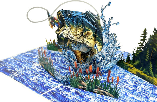 4BO Pop Up Fathers Day Card Fishing, 3D Bass Fishing Birthday Card For Husband, Dad, Men, Dad, Son, Brother, Grandpa; Fish Gilfts for Father's Day, Retirement, Thank You, Retirement