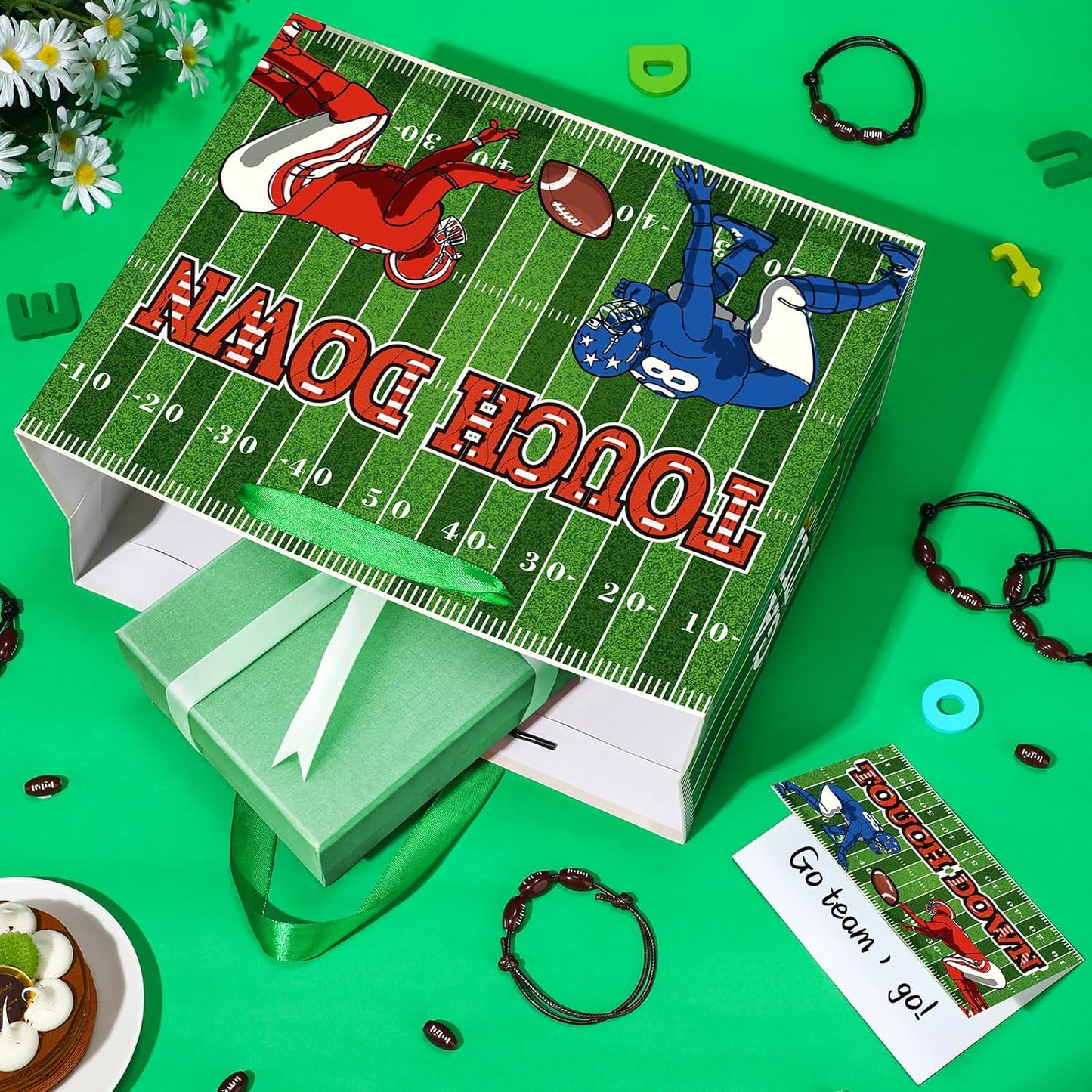 Football Party Gift Bag, Green Football Gift Wrap Bag with Tissue Paper Card Decorations for Sports Party Favor Touchdown Birthday Goodie Gifts Wrapping Bags for Boys Men Team Baby Shower Supplies