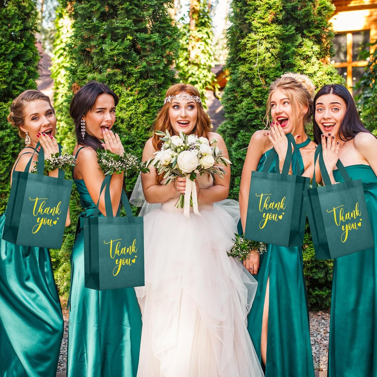 Sweetude 30 Pcs Thank You Gift Bags with Handles Bulk Reusable Goodie Bag Non Woven Foldable Handbag for Graduation Wedding Bridesmaid Gifts(10 x 8 x 4 Inch,Dark Green)