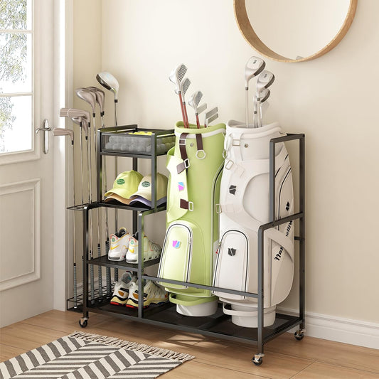 GILLAS Golf Bag Storage Garage Organizer, Golf Bag Stand Fit for 2 Golf Bags, Golf Equipment Accessories, Golf Bag Storage Rack with Wheels for Garage, Club, Shed, Basement