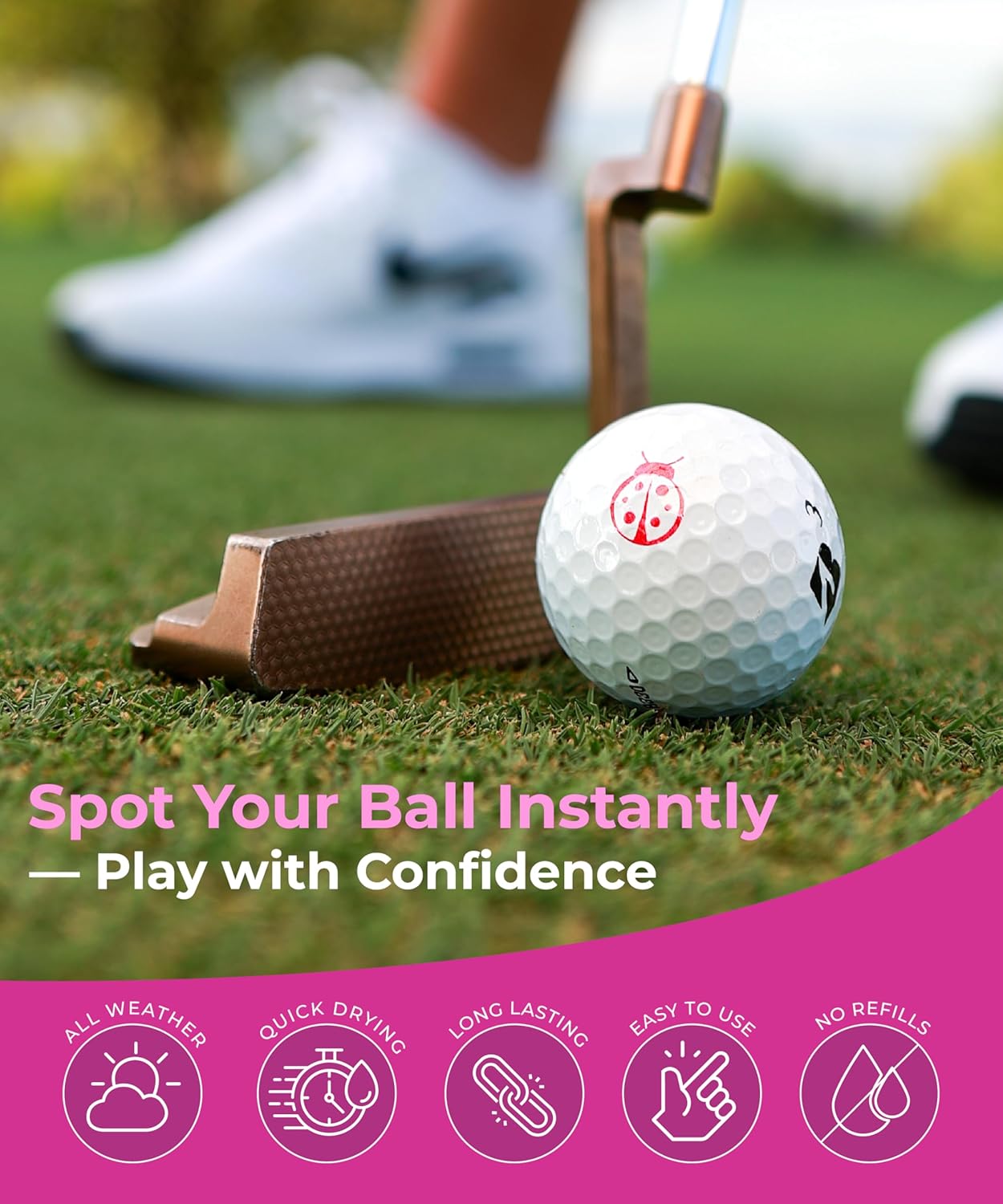 Self-Inking Golf Ball Stamp | Chic & Fun Golf Ball Stamper | Fast-Drying, Waterproof Golf Ball Marker Stamp | Reusable Golf Accessories for Women | Golfer Gifts | Golf Gadgets