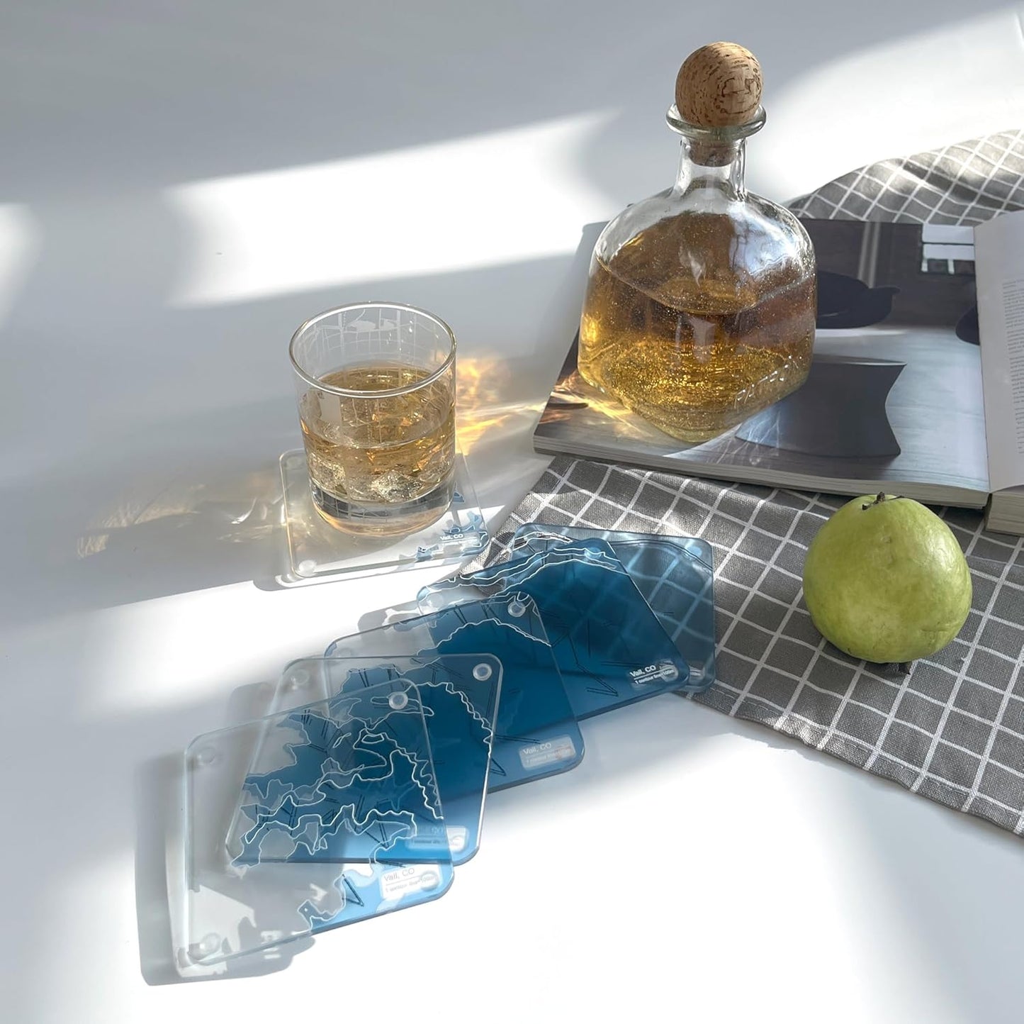 Vail, CO 3D Contour Map Glass Drink Coasters of Mountains, Ski Resort, Set of 6 with Holder, Housewarming Birthday Gifts, Home Decor