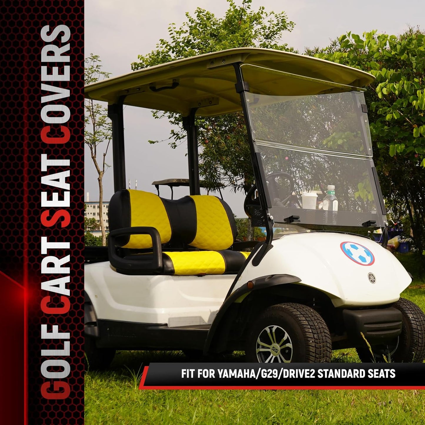 Golf Cart Front Seat Covers for Yamaha Drive 2007-2016/Drive 2 2017+ Front OEM Universal Seat Cushion, Marine Grade Vinyl Leather Seat Covers/Easy to Install-Yellow(2PCS)