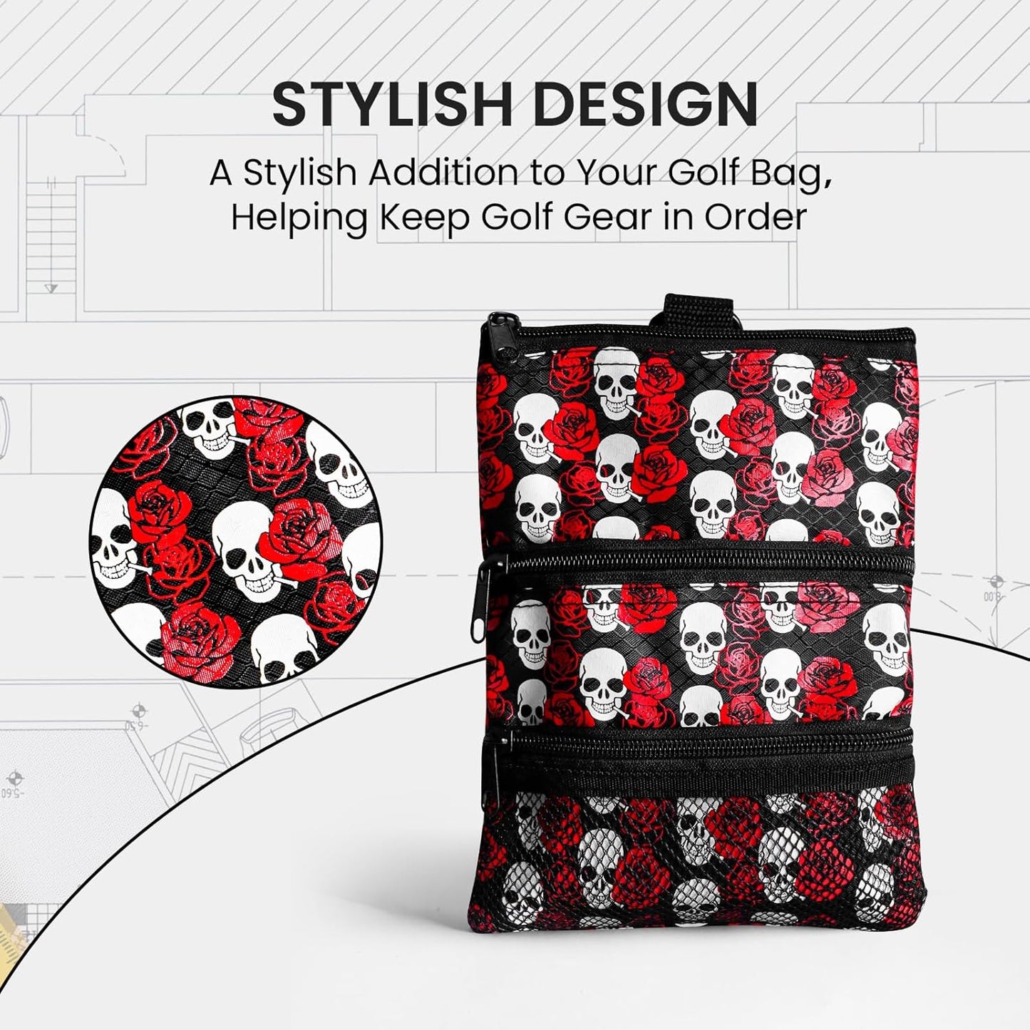 Golf Bag Accessories Valuables Pouch Bags Multi Pocket Zipper Hook with 10 Pcs Wood Golf Tees for Men Women