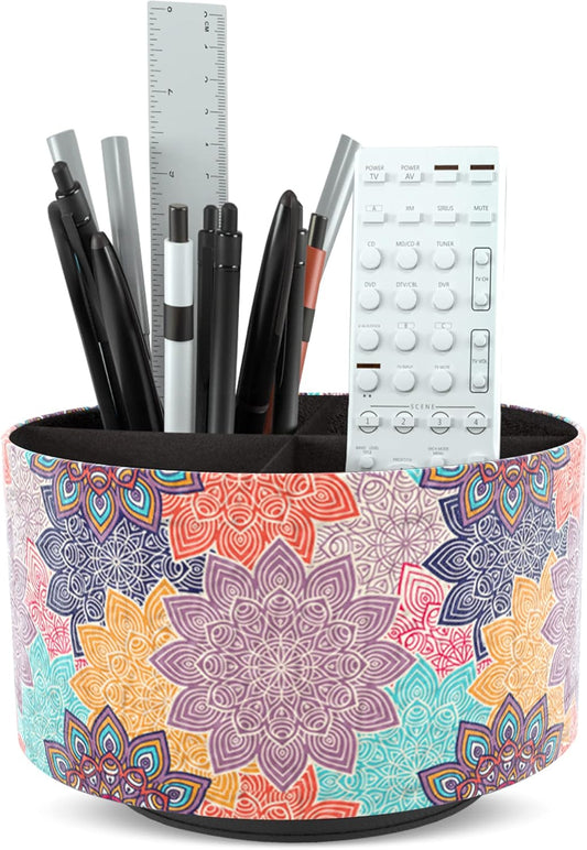 Hennaja Round Leather Art Supply Organizer,Remote Control Holder,360 Degree Rotating,Multi-Functional Pencil Holder,4 Compartments Desktop Stationary Organizer(1-Colorful Flower)