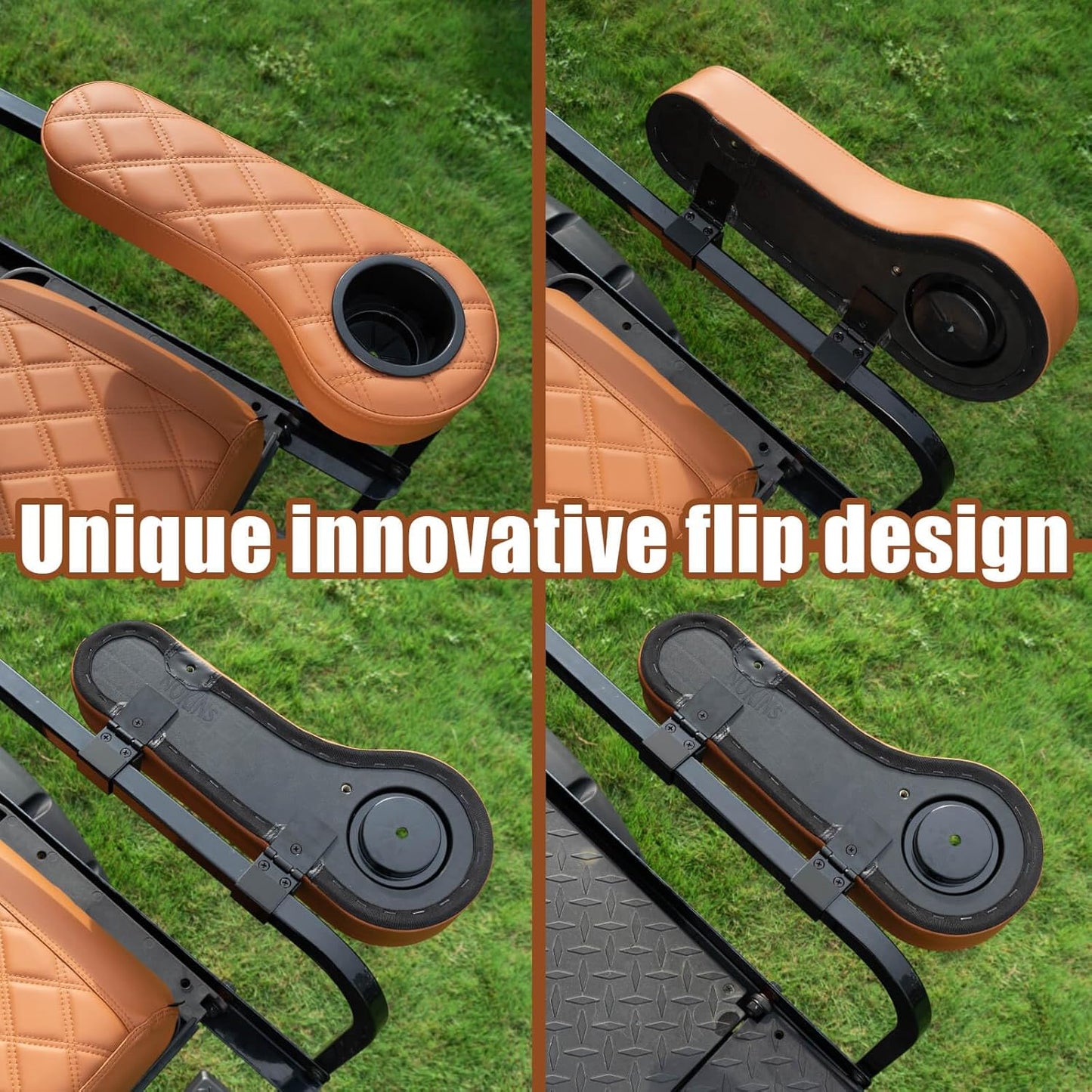 NOKINS Golf Cart Diamond Flip Armrest with Cup Holder, No Drilling Required, Golf Cart Folding Hinged Armrest, Inward Mount, for Club Car EzGo Yamaha Back Seat Kit