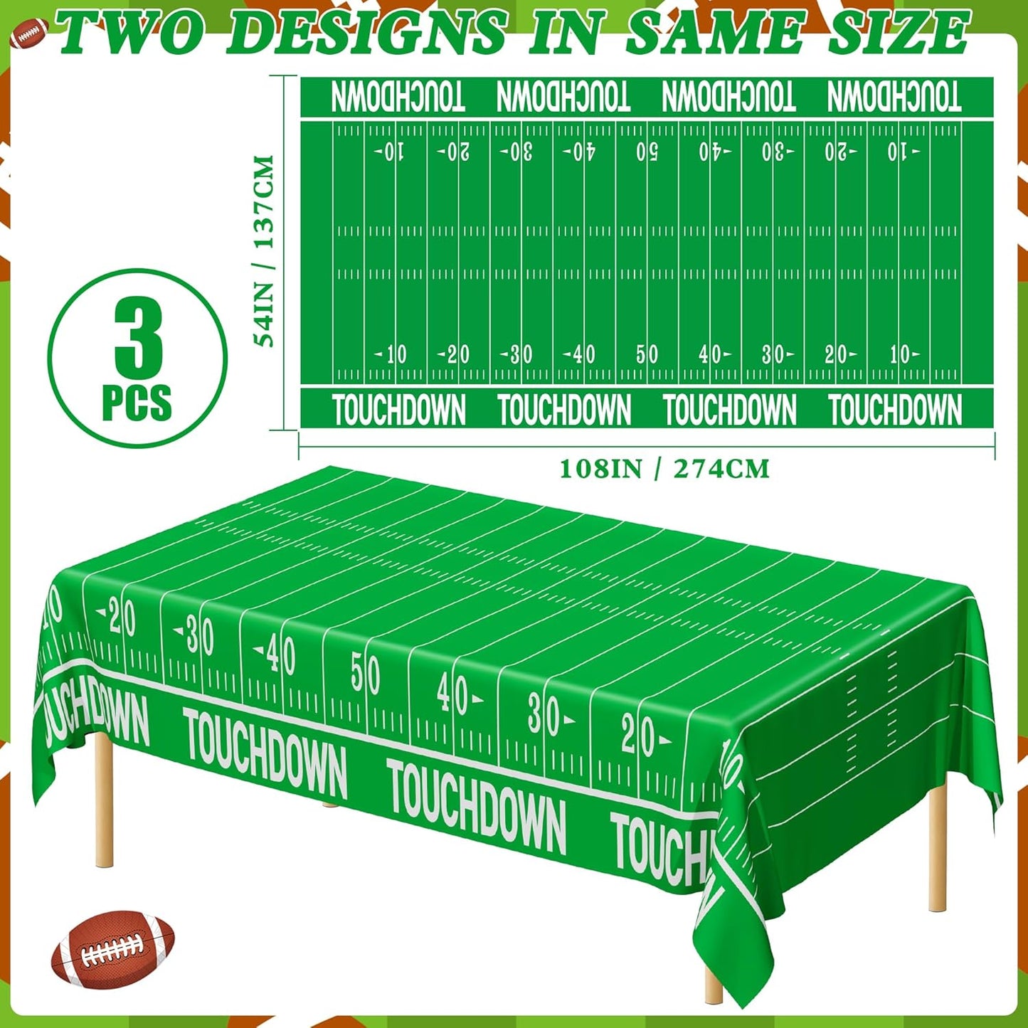 QZYL Football Party Supplies - 3PCS Touchdown Tablecloths, Disposable Tablecloths, Plastic Table Cover, Touchdown Theme Table Runner for Game Day, Birthday Party Decorations